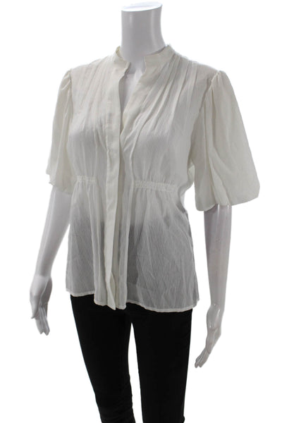 BCBGMAXAZRIA Women White Striped Mock Neck Short Sleeve Blouse Size M