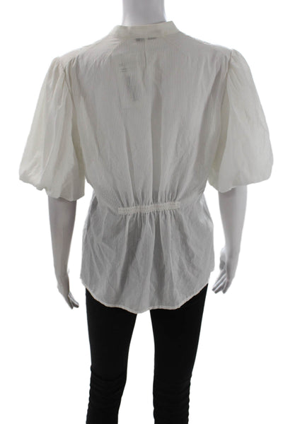 BCBGMAXAZRIA Women White Striped Mock Neck Short Sleeve Blouse Size M