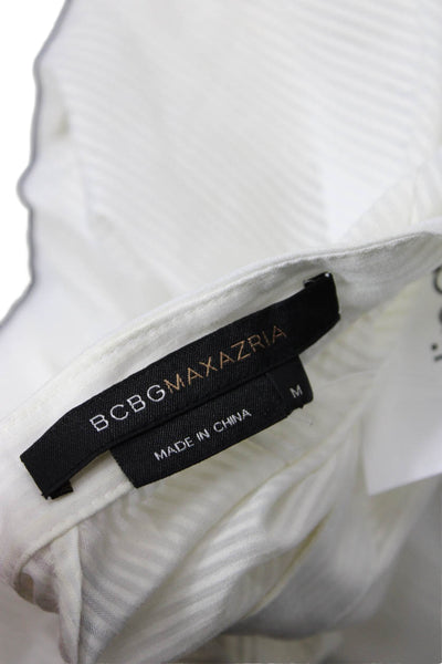 BCBGMAXAZRIA Women White Striped Mock Neck Short Sleeve Blouse Size M