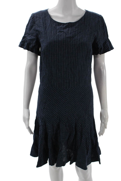 Banana Republic Women Shift Dress Dark Blue Striped Linen Blend Midi Size 8