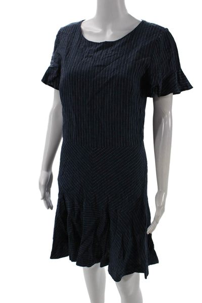 Banana Republic Women Shift Dress Dark Blue Striped Linen Blend Midi Size 8
