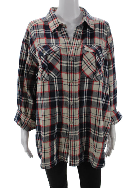 Sojara Womens Plaid 90s Collared Button-Up Beige Cotton Long Sleeve Size S