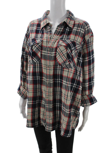 Sojara Womens Plaid 90s Collared Button-Up Beige Cotton Long Sleeve Size S