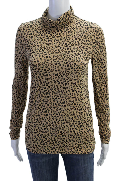 J Crew Women Basic Beige Animal Print Cotton Mock Neck Long Sleeve Top Size S