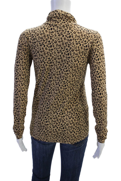 J Crew Women Basic Beige Animal Print Cotton Mock Neck Long Sleeve Top Size S