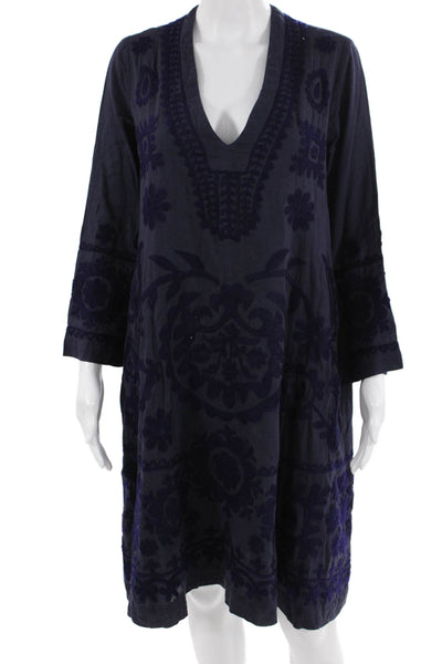 Roller Rabbit Women Kaftan Dress Dark Blue Floral V-Neck Long Sleeve Size M
