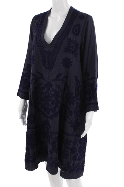 Roller Rabbit Women Kaftan Dress Dark Blue Floral V-Neck Long Sleeve Size M