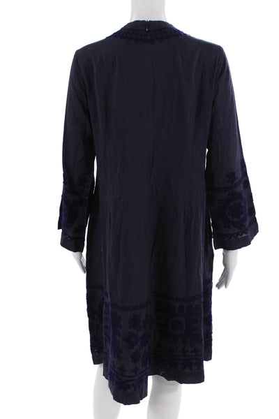 Roller Rabbit Women Kaftan Dress Dark Blue Floral V-Neck Long Sleeve Size M