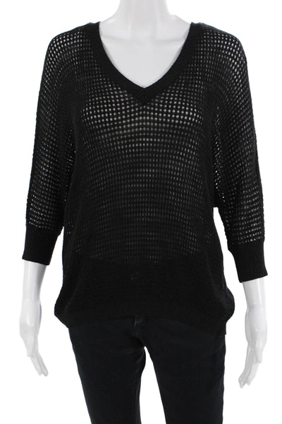 Minnie Rose Women Black V-Neck Pullover 3/4 Sleeve Linen Blend Size M