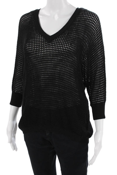 Minnie Rose Women Black V-Neck Pullover 3/4 Sleeve Linen Blend Size M