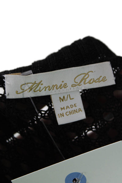 Minnie Rose Women Black V-Neck Pullover 3/4 Sleeve Linen Blend Size M