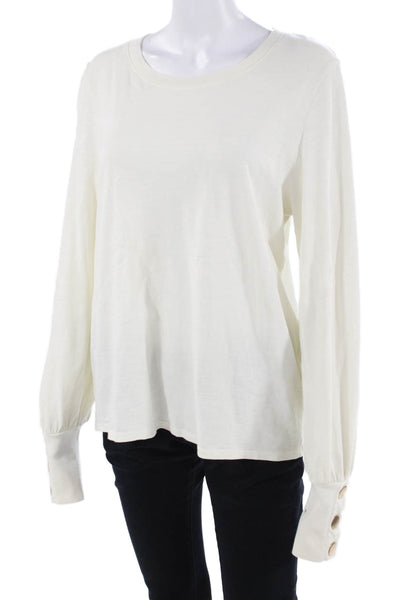 Nation Los Angeles Women Basic White Crew Neck Cotton Long Sleeve T-Shirt Size L