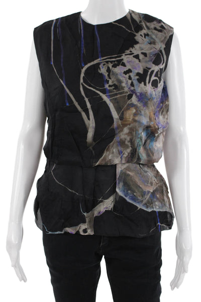 Emilio de la Morena Women Sleeveless Black Silk Graphic Crewneck Blouse Size 14