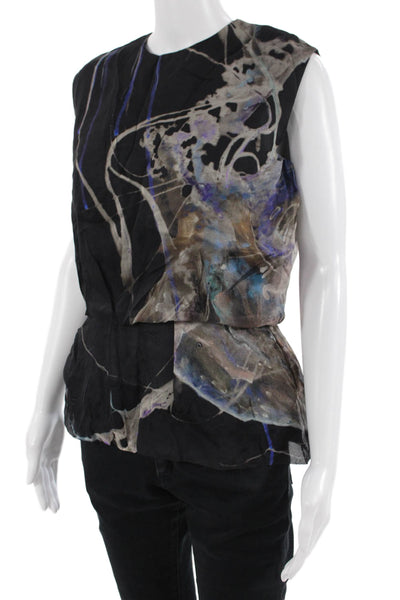 Emilio de la Morena Women Sleeveless Black Silk Graphic Crewneck Blouse Size 14