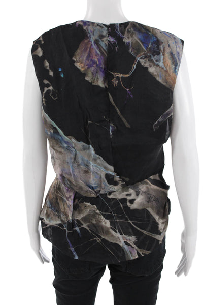 Emilio de la Morena Women Sleeveless Black Silk Graphic Crewneck Blouse Size 14