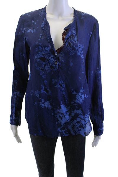 Raquel Allegra Women Silk V-Neck Tunic Long Sleeve Button Dark Blue Size 1