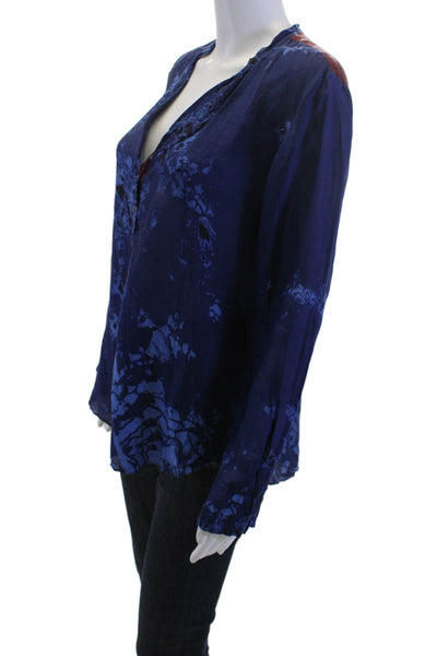 Raquel Allegra Women Silk V-Neck Tunic Long Sleeve Button Dark Blue Size 1