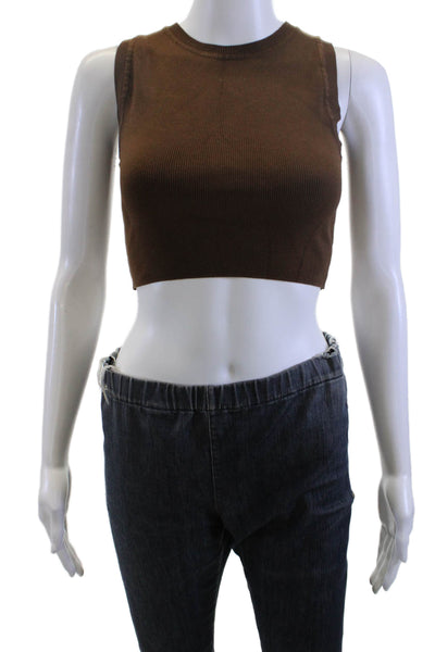 Zara Women Cropped Tank Brown Viscose Crew Neck Sleeveless Size S
