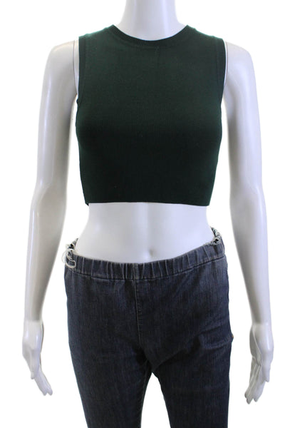 Zara Women Cropped Tank Sleeveless Green Viscose/Polyamide Crew Neck Size S