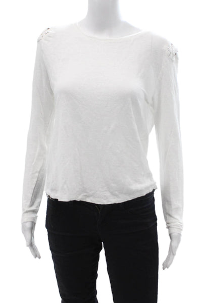 Generation Love Women White Linen Long Sleeve T-Shirt Crew Neck Size M