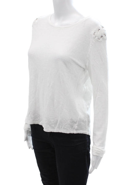 Generation Love Women White Linen Long Sleeve T-Shirt Crew Neck Size M