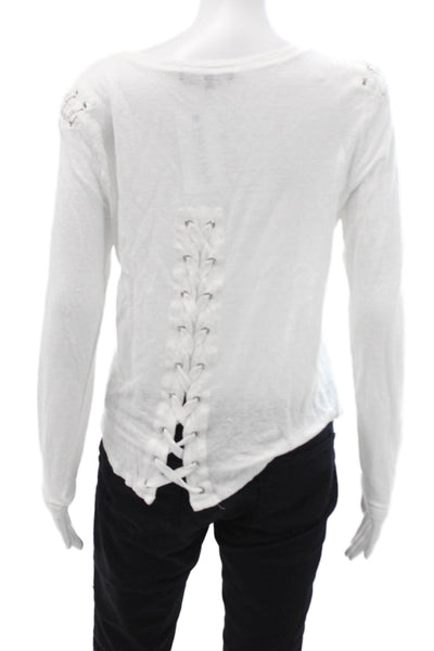 Generation Love Women White Linen Long Sleeve T-Shirt Crew Neck Size M