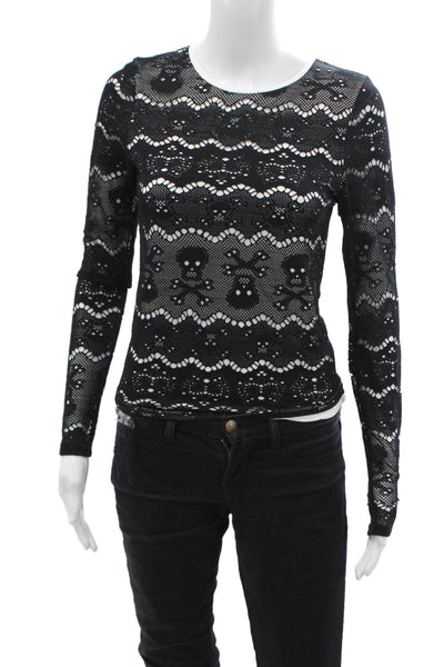Letarte Women Black Graphic Skull Long Sleeve Top Round Neck Size L