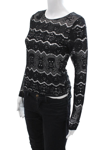 Letarte Women Black Graphic Skull Long Sleeve Top Round Neck Size L