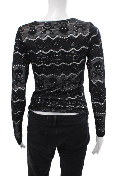 Letarte Women Black Graphic Skull Long Sleeve Top Round Neck Size L