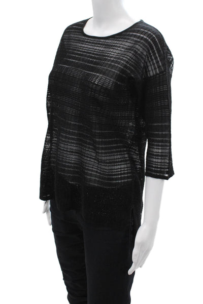 Belford Womens Striped Round Neck 3/4 Sleeve Top Black Size 4