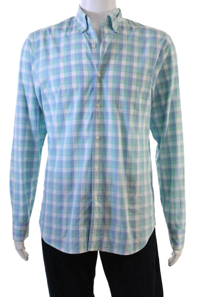 J Crew Mens Button Front Collared Slim Gingham Shirt Blue Green White Medium