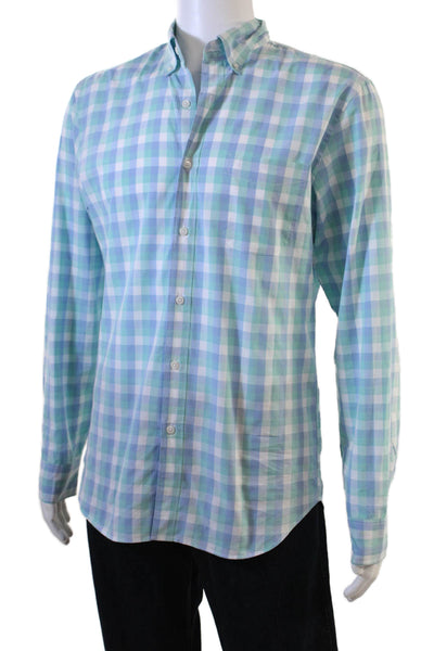 J Crew Mens Button Front Collared Slim Gingham Shirt Blue Green White Medium