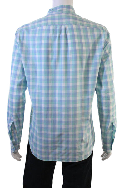 J Crew Mens Button Front Collared Slim Gingham Shirt Blue Green White Medium