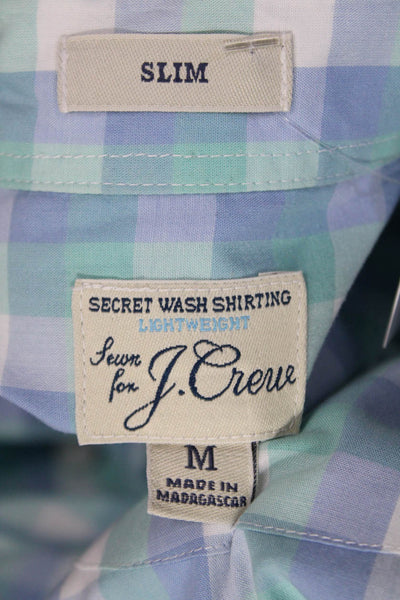 J Crew Mens Button Front Collared Slim Gingham Shirt Blue Green White Medium