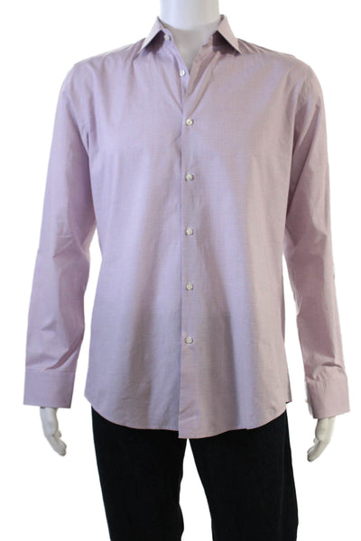 Hugo Hugo Boss Men Dress Shirt Pink Check Cotton Stretch Point Spread Size 15.5