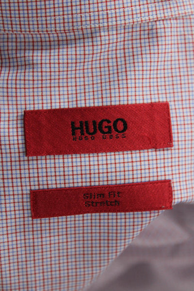Hugo Hugo Boss Men Dress Shirt Pink Check Cotton Stretch Point Spread Size 15.5