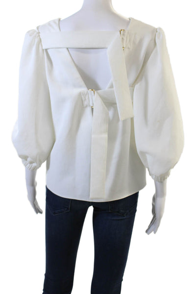 Tibi Women White Crew Neck Blouse Buckle Closure Polyester Size 4