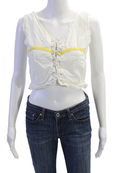 Gimaguas Women Cropped Bohemian White Lace-Up V-Neck Cotton Tank Size S