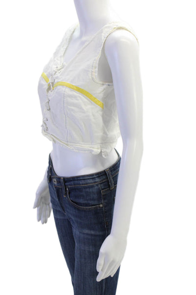 Gimaguas Women Cropped Bohemian White Lace-Up V-Neck Cotton Tank Size S