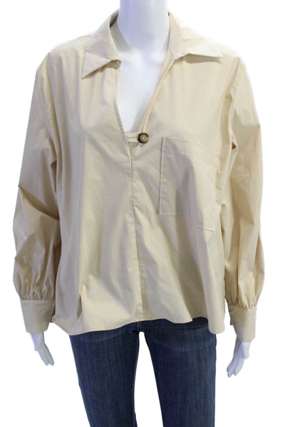 Zara Women Blouse Collared Button Solid Beige Cotton Long Sleeve Size S