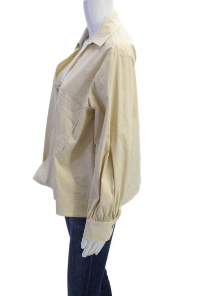 Zara Women Blouse Collared Button Solid Beige Cotton Long Sleeve Size S