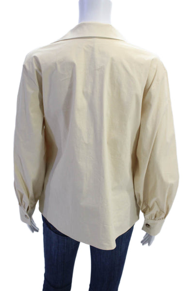 Zara Women Blouse Collared Button Solid Beige Cotton Long Sleeve Size S