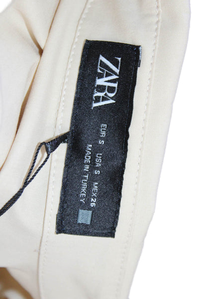 Zara Women Blouse Collared Button Solid Beige Cotton Long Sleeve Size S