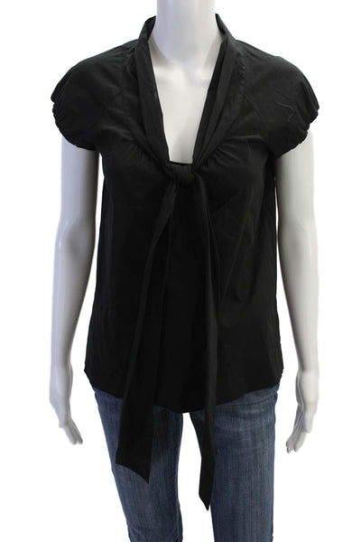 Theory Women Black Tie Neck Short Sleeve Blouse Petite Size S