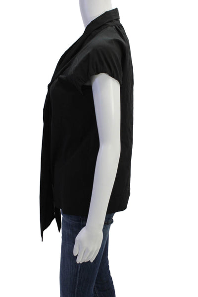 Theory Women Black Tie Neck Short Sleeve Blouse Petite Size S