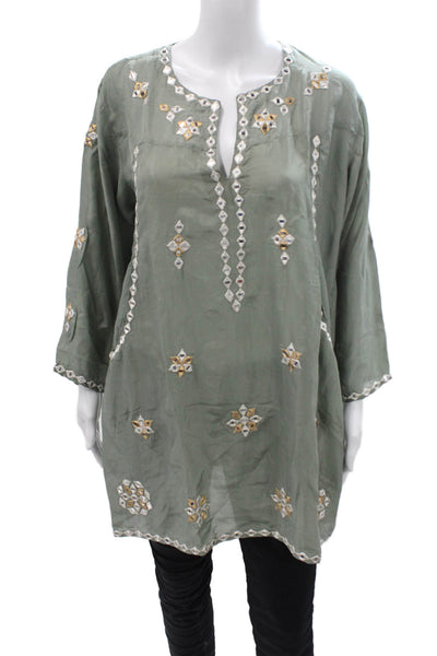 Juliet Dunn, Women Green Silk Geometric V-Neck Tunic 3/4 Sleeve Size 3