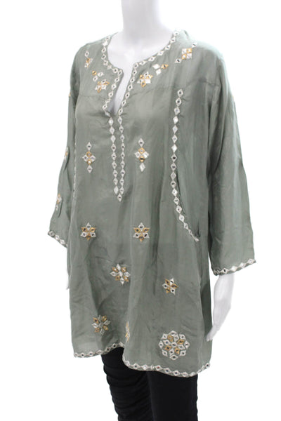 Juliet Dunn, Women Green Silk Geometric V-Neck Tunic 3/4 Sleeve Size 3