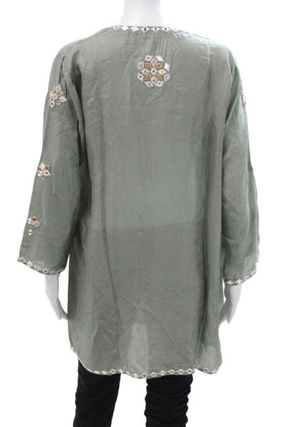 Juliet Dunn, Women Green Silk Geometric V-Neck Tunic 3/4 Sleeve Size 3