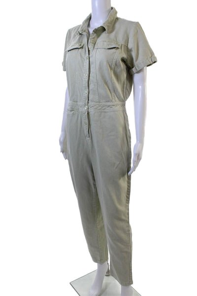 YFB Womens Green Collared Short Sleeve Jumpsuit Tencel Cotton Size M