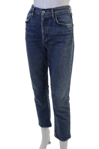 Agolde Women Cropped Straight Blue Jeans Button Mid Rise Size 24